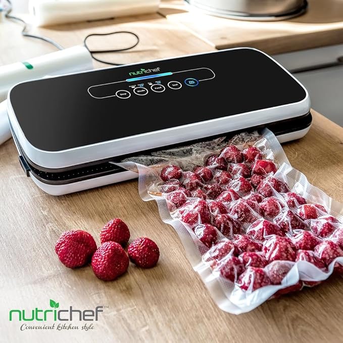 NutriChef Automatic Vacuum Air Sealing System for Food Preservation with Starter Kit, Compact Design, Lab Tested, Dry & Moist Food Modes with Led Indicator Lights, Black