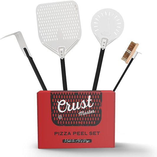 CrustMaster Pizza Peel Set - 12x14" Rectangular Peel, 9" Round Turning Peel, Brass Brush, Ash Rake - Perfect Pizza Oven Accessories for Ovens & BBQ - Pizza Pan - Aluminum & Stainless Steel Tools