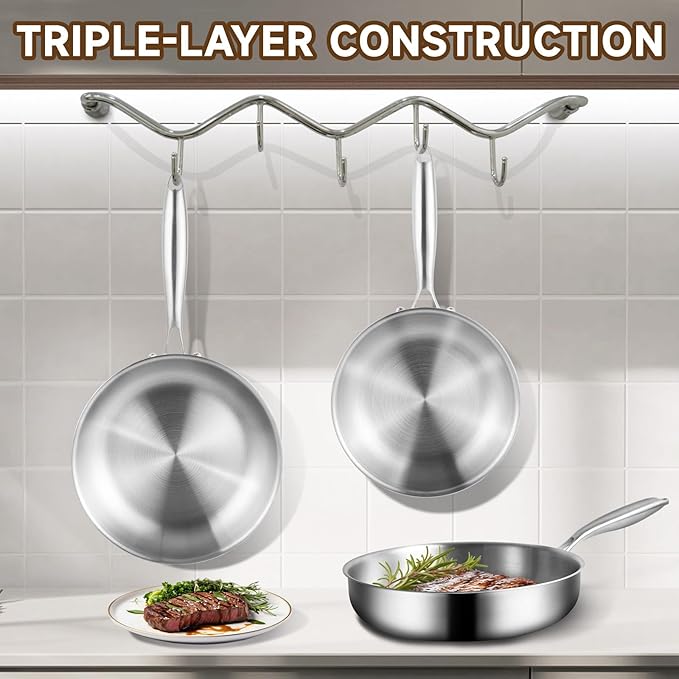 GOLDEN KEY 12 Inch Stainless Steel Frying Pan,Tri-Ply Stainless Steel Skillets with Lid,Stainless Steel Pans Oven Safe 600F, Fast & Even Heat,Compatible with All Cooktops,Dishwasher Safe