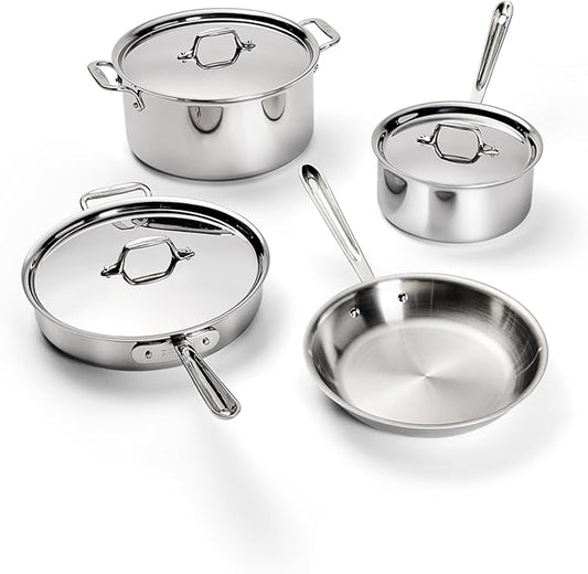 All-Clad D3 3-Ply Stainless Steel Cookware Set – 7-Piece Pots and Pans Set, Induction, Oven Broiler Safe 600F - Includes Frying Pans, Saucepans, Sauté Pan, Stockpot, Professional Cookware – Silver