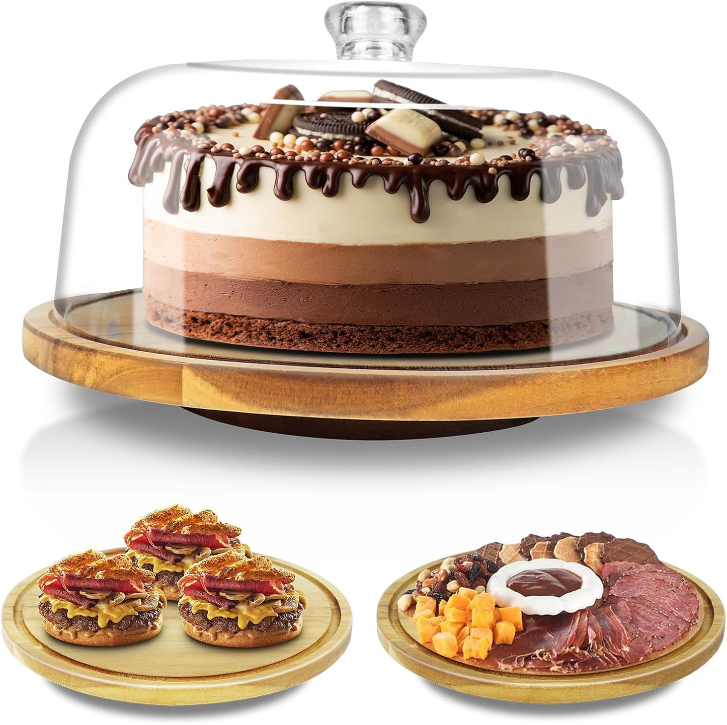 cutesun Wood Cake Stand with Lid, 12in Acacia Wood Cake Plate with Cover, Wooden Cake Display Stand with Acrylic Dome, Cake Holder Tray for Wedding Gift，Kitchen,Birthday,Parties,Baking Gifts