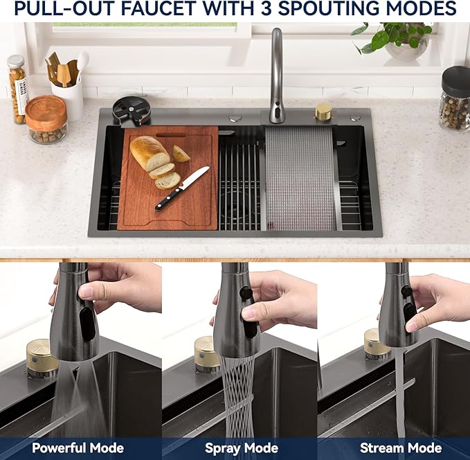 Lordear Black Waterfall Kitchen Sink Drop In 33x22 Smart Workstation Gunmetal Black 16 Gauge Single Bowl Topmount Handmade Sinks with Pull Out Faucet Glass Rinser