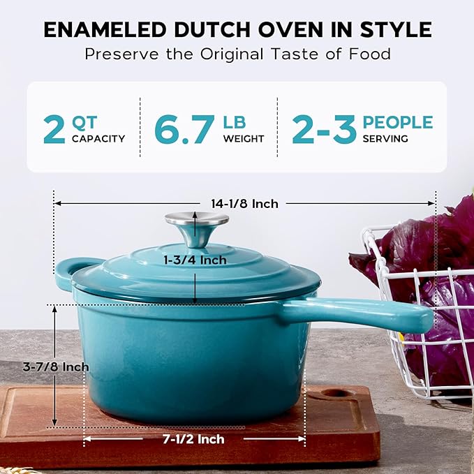 Onader Enameled Cast Iron Sauce Pan, 2QT Saucepan with Lid, Small Cast Iron Pot for Cooking, Enamel Dutch Oven Nonstick & Heavy Duty – Dark Cyan