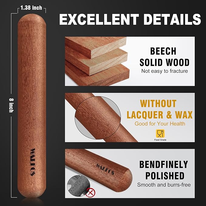Walfos Mini Rolling Pin Set - Small Natural Wooden Rolling Pins (8inch) With Non-stick Silicone Fiber Baking Mat, Baking Dough Roller for Pizza, Pie, Pasta, Bread, Pastry