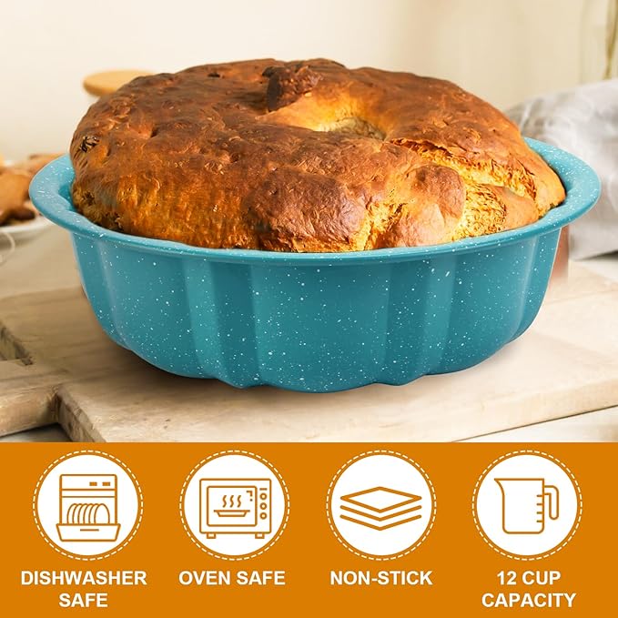 OAMCEG 2 Pack Bunte Cake Pan Nonstick 9.5 Inch Fluted Tube Cake Pans for baking, 10 Cups Heavy Duty Carbon Steel Tube Pan Baking Mold for Buntelet, Bavarois, Brownie, Jello (Sky Blue)