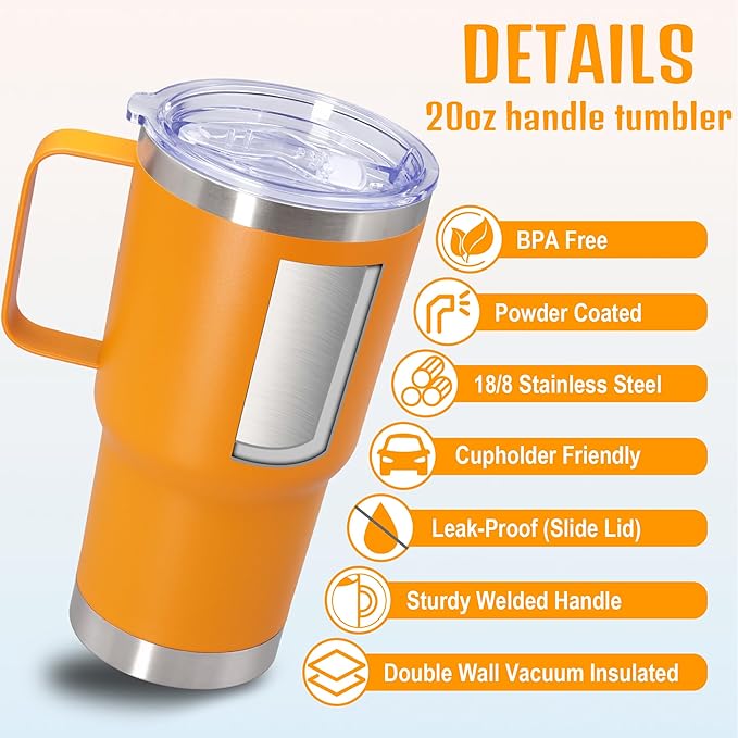 20 oz Tumbler with Handle and Lid, Stainless Steel Tumbler Insulated Travel Coffee Mug, Spill Proof Double Wall Vacuum Tumbler Cup Keep Drink Hot & Cold, Orange, 1 Pack