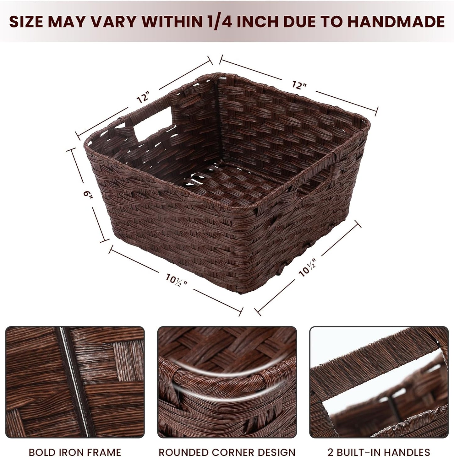 Wicker Storage Baskets, Baskets for Shelves, Toilet Paper, Woven Storage Baskets for Organizing, Brown, 12" x 12" x 6", 2-Pack