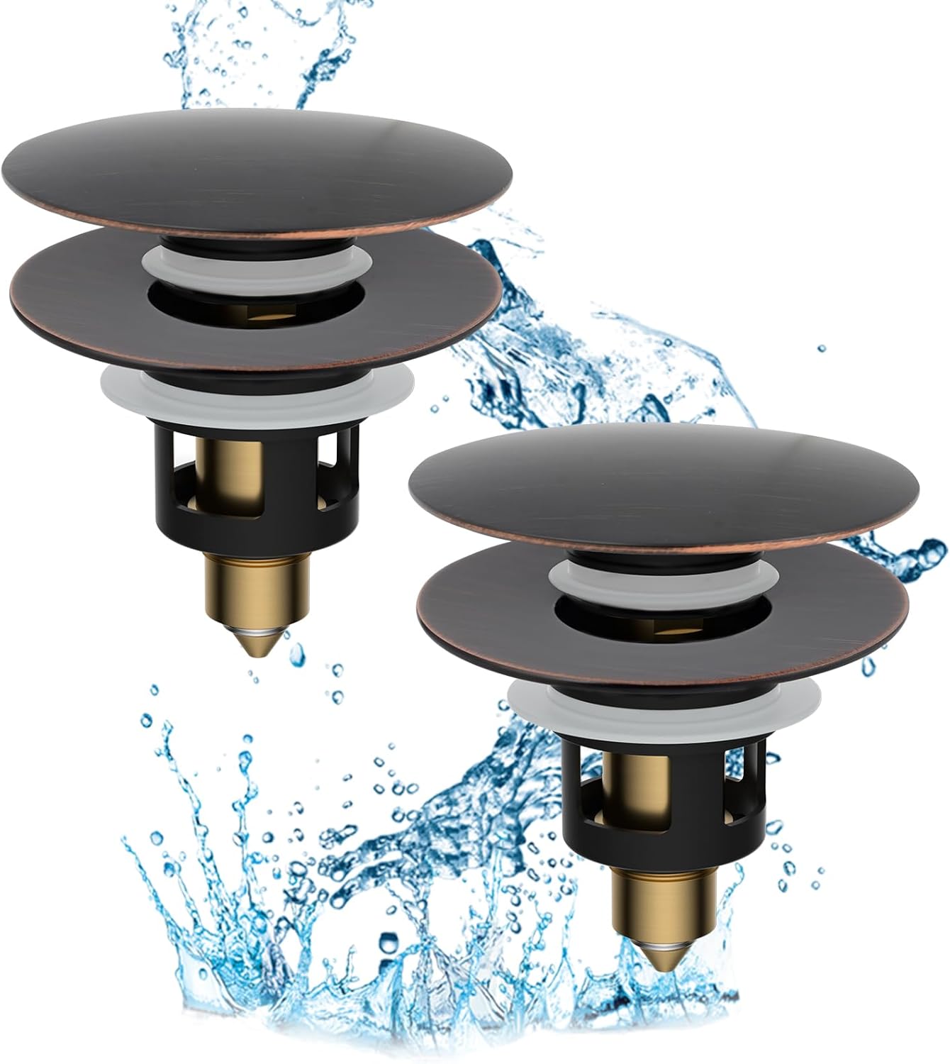 Hibbent 2 Pack All Metal Upgraded Bathroom Sink Stopper, Universal Pop Up Sink Drain Strainer, Brass Bullet Core Push Type Stopper for 1.1''~2.3''' Basin, Anti Clogging Filter, Oil-Rubbed Bronze