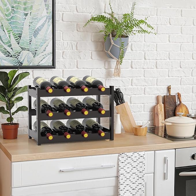 Bamboo Wine Rack Countertop, 3-Tier 12 Bottles Wine Storage Shelf for Kitchen Pantry Cabinet - Dark Brown