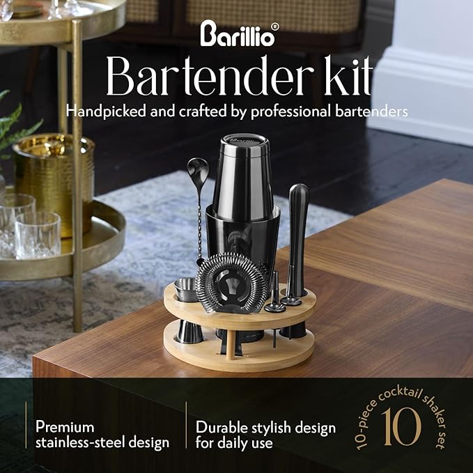 Barillio Black Mixology Bartender Kit with Stand - Cocktail Shaker Set with Bamboo Stand, Boston Drink Shaker, Mojito Muddler, and Drink Mixer Spoon - 9-Piece Bar Tools Set - Bar Accessories for Home