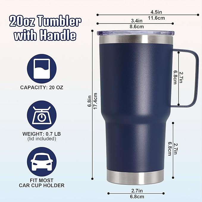 20 oz Tumbler with Handle and Lid, Stainless Steel Tumbler Insulated Travel Coffee Mug, Spill Proof Double Wall Vacuum Tumbler Cup Keep Drink Hot & Cold, Navy, 1 Pack