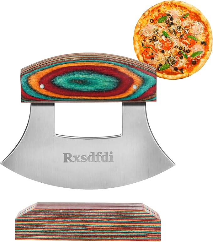 Pizza Cutter Rocker Knife, Sharp Ulu Knife with Wooden handle, Stainless Steel Blade Mincing Knives with Colored Wood Stand