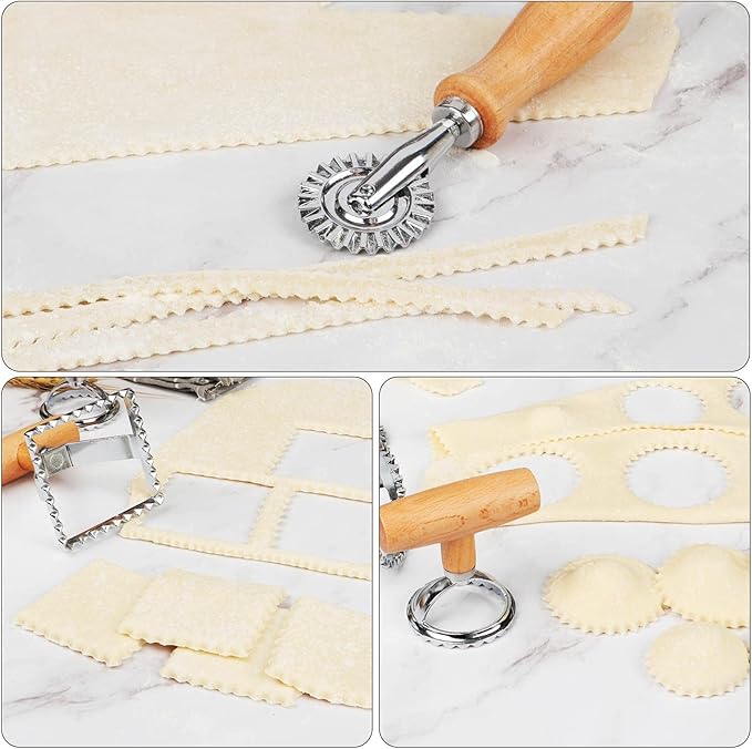 HULISEN Ravioli Cutter with Pasta Wheel Cutter, Ravioli Stamp Maker with Wooden Handle, Press Mold Kitchen Accessories, Gift Package(Set of 3)