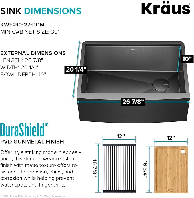 KRAUS Kore Workstation 27-inch Farmhouse Apron Front 16 Gauge Black Stainless Steel Single Bowl Kitchen Sink in PVD Gunmetal Finish with Accessories, KWF210-27-PGM