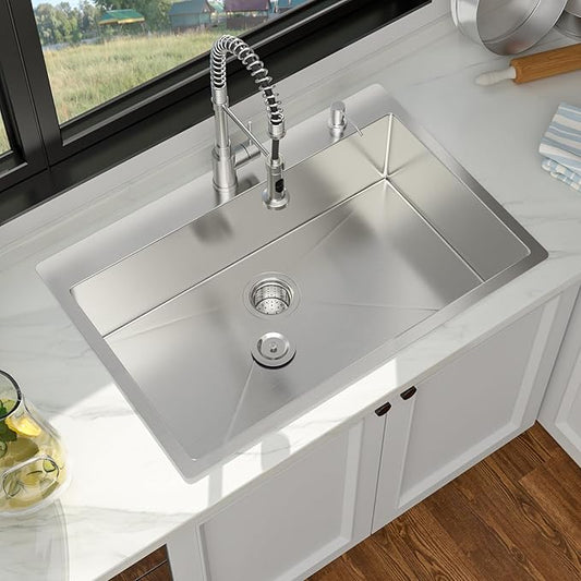 33 x 22 Drop In Kitchen Sink - 33 Inch Topmount Kitchen Sinks Stainless Steel 16 Gauge Single Bowl Above Counter Handmade Basin with Offset Drainer