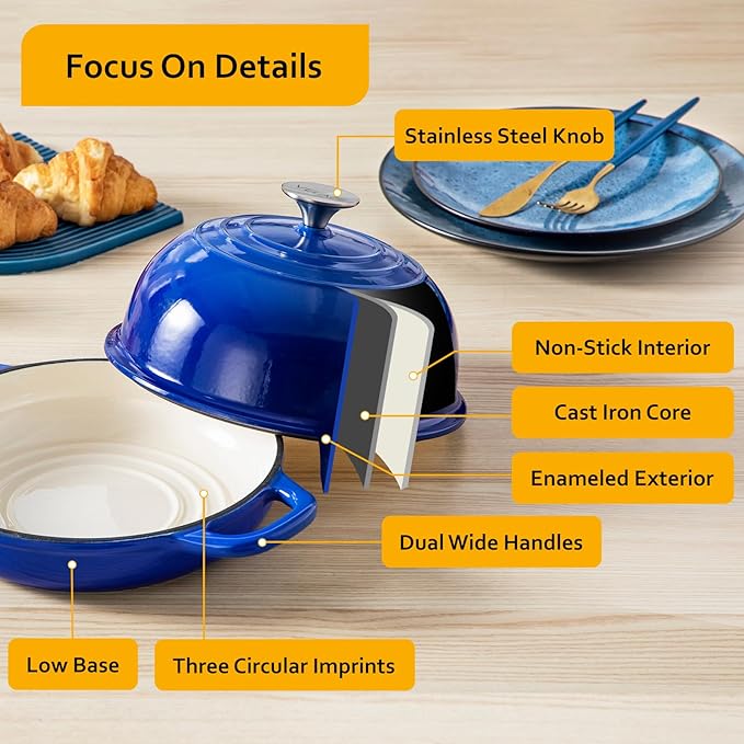 Velaze Enameled Cast Iron Dutch Oven for Bread Baking,5 QT Round Bread Oven Pot with Dome Lid for Sourdough, Roasting,Braising(Blue)