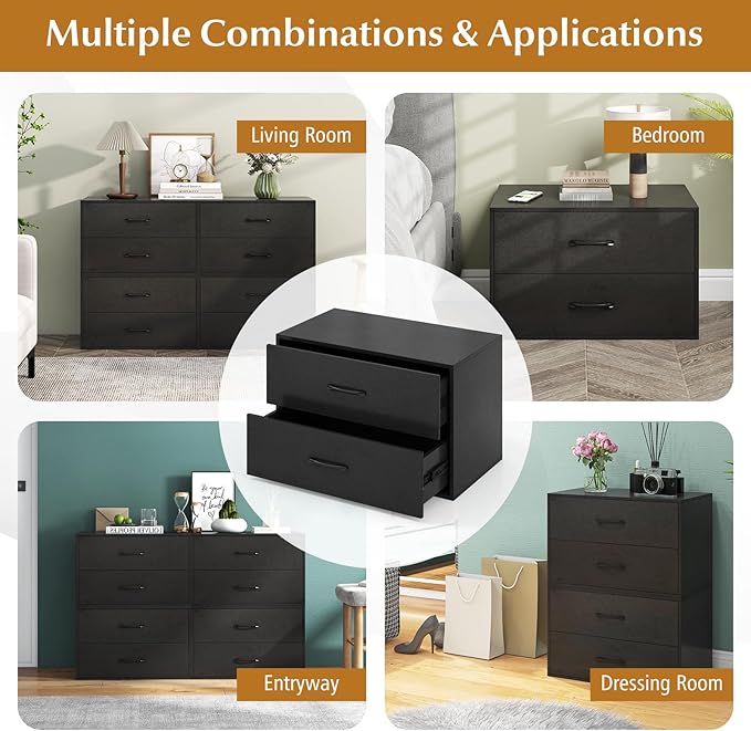 Giantex Stackable Drawers for Closet, 2-Drawer Short Dresser, Multi-Purpose Storage Cube with Anti-Scratch Pads, Anti-Tipping Devices, Storage Cabinet for Living Room, Entryway, Home Office (2, Black)