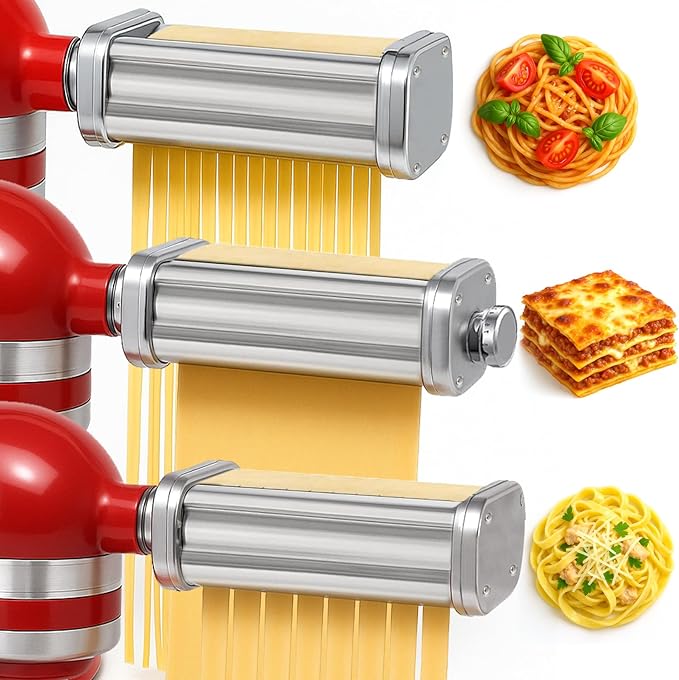Pasta Maker Attachments Set for all KitchenAid Stand Mixer Included Pasta Sheet Roller （SU304）,8 Adjustable Thickness Settings Perfect for Spaghetti, Fettuccini, Lasagna or Dumpling Skin Silver