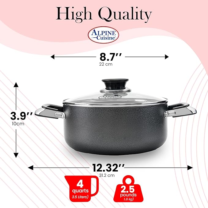 Alpine Cuisine 4 Quart Non-stick Stock Pot with Tempered Glass Lid and Carrying Handles, Multi-Purpose Cookware Aluminum Dutch Oven for Braising, Boiling, Stewing