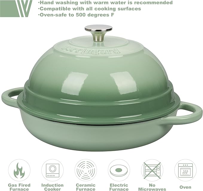 Cast Iron Enameled Dutch Oven Pot with Lid for Bread Baking, Bread Oven, 6 Quart, Green
