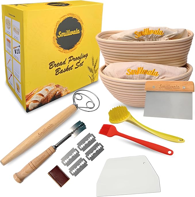 Set of 2 Banneton Bread Proofing Basket with linen Liner, 9" Round & 10" Oval bread basket with 9 Essential Bread Making Tools – Rattan Sourdough Banneton Basket Kit for Baking Enthusiasts