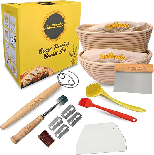 Set of 2 Banneton Bread Proofing Basket with linen Liner, 9" Round & 10" Oval bread basket with 9 Essential Bread Making Tools – Rattan Sourdough Banneton Basket Kit for Baking Enthusiasts