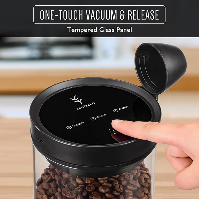 SOUL HAND Vacuum Coffee Canister Automatic Airtight Coffee Containers & Food Storage, Glass Coffee Jar with Spoon, Touch Screen Coffee Storage Container for Coffee Beans/Sugar/Nuts 1.6 L