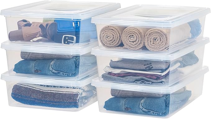 IRIS USA 6-Pack Storage Bins with Lids, 28 Quart, Clear Stackable Containers Box Organize Shoes Closet Shelves Clothes Blankets Towels - BPA-Free Plastic