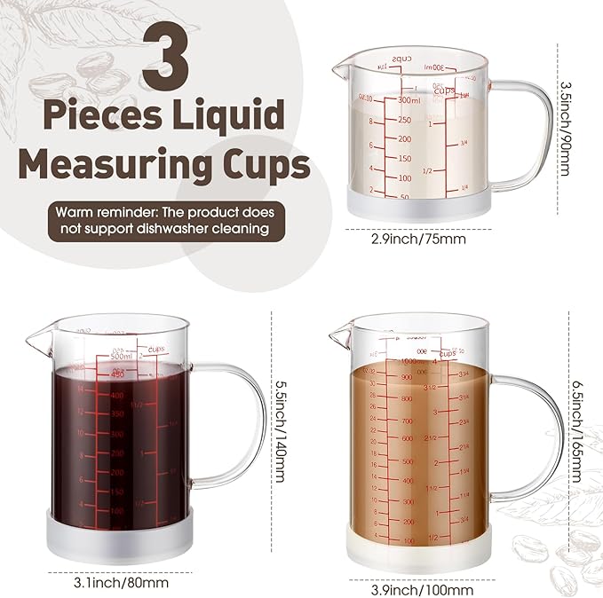 Lallisa 3 Sets Glass Measuring Cups with Handle 1 1/4 Cup, 2 Cup, 4 Cup High Borosilicate Glass Measuring Beaker, V Shaped Spout, 3 Scales (OZ, Cup, ML/CC) for Kitchen Restaurant