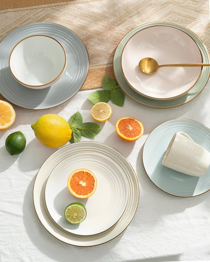 Famiware Jupiter Dinnerware Set, Plates and Bowls Dish Sets for 4 (12 Pieces), Microwave and Dishwasher Safe Stoneware Speckled Tableware, Chip and Scratch Resistant, Multi-color