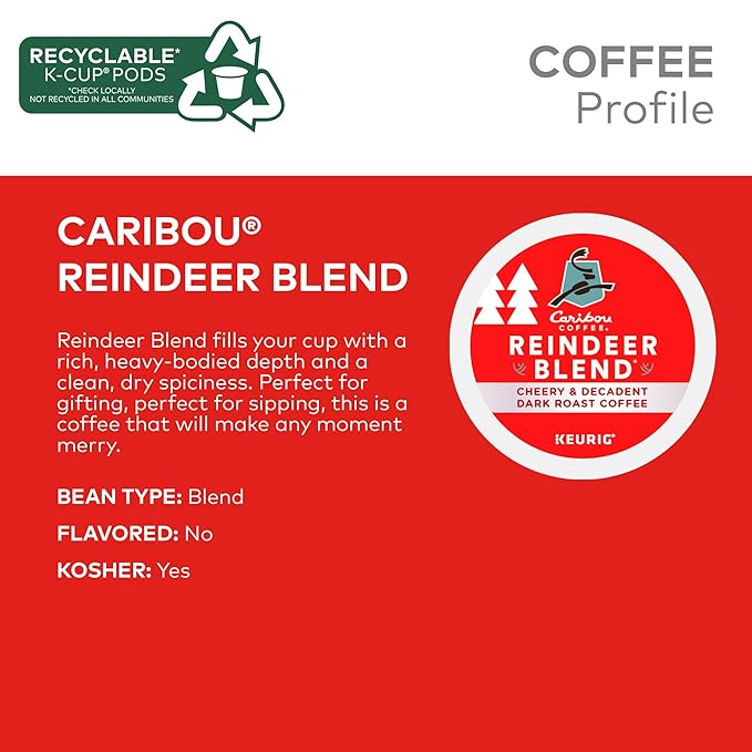 Caribou Coffee Reindeer Blend, Single-Serve Keurig K-Cup Pods, Dark Roast Coffee Pods, 88 Count