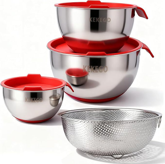 7-Piece Stainless Steel Mixing Bowls Set with Handles, Nesting Metal Bowls with Lids & Strainer, Non-Slip Base for Baking, Cooking & Meal Prep – Great Holiday Kitchen Gift (1.2/2.5/4.5 QT)