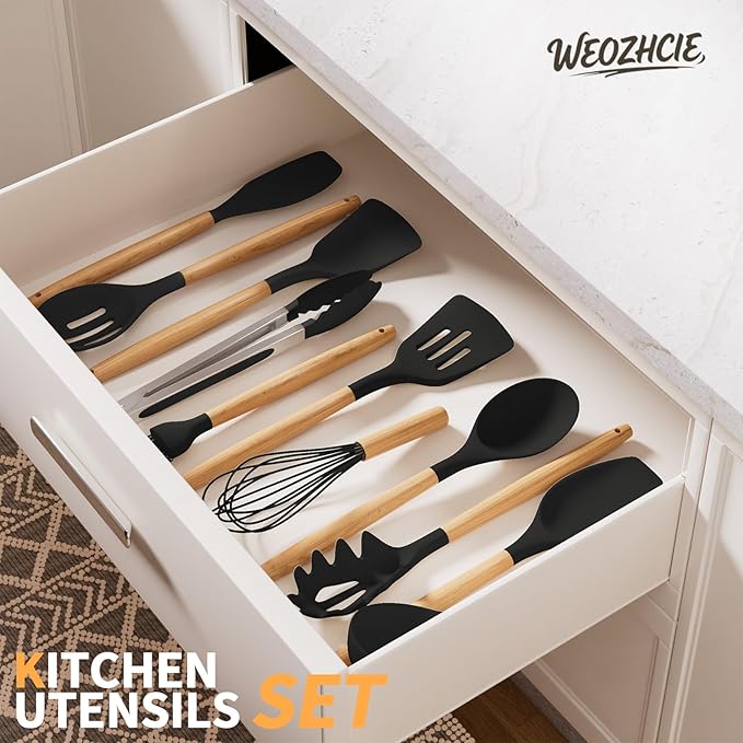 Silicone Cooking Utensil Set,12 PCS Cooking Cookware Kitchen Utensils Set for Cooking, Nonstick 446°F Heat-Resistant Cookware Kitchen Tools of Spoon,Brush,Whisk,Spatula,Turner Tongs (Black)