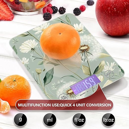 Sage Green Dandelion01 Food Scale Kitchen Digital Scale Food Ounces and Grams Dieting Baking Cooking Waterproof Glass Panels LCD Display,4 Units Tare Function