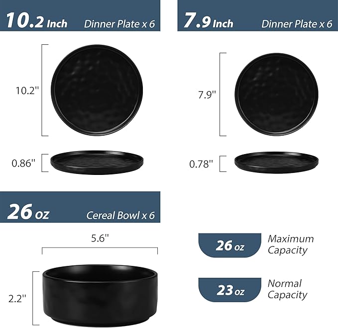 LIANYU 18 Piece Dinnerware Dishes Sets for 6, Stoneware Plates and Bowls Dishware Set, Ceramic Dinning Ware Includes Dinner Salad Plates, Cereal Bowls, Chip & Scratch Resistant, Obsidian Matte Black
