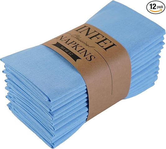 Solid Color Linen Blended Thin Dinner Cloth Napkins - Set of 12 (40 x 40 cm) - for Events & Home Use (Sky Blue)