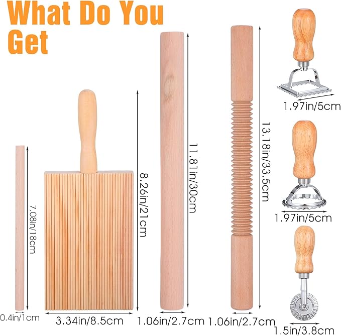 7 Pcs Gnocchi Pasta Making Tools kit Wooden Threaded Rolling Pin Ravioli Stamp Pasta Dumpling Noodle Maker Cutter Homemade Kitchen Gift for Baking Lovers Kitchen DIY