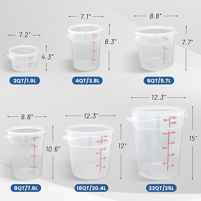 4 Pack 18QT Round Food Storage Containers with Lids, BPA-Free Polypropylene NSF Commercial Food Container, with Labels & Measuring Cup