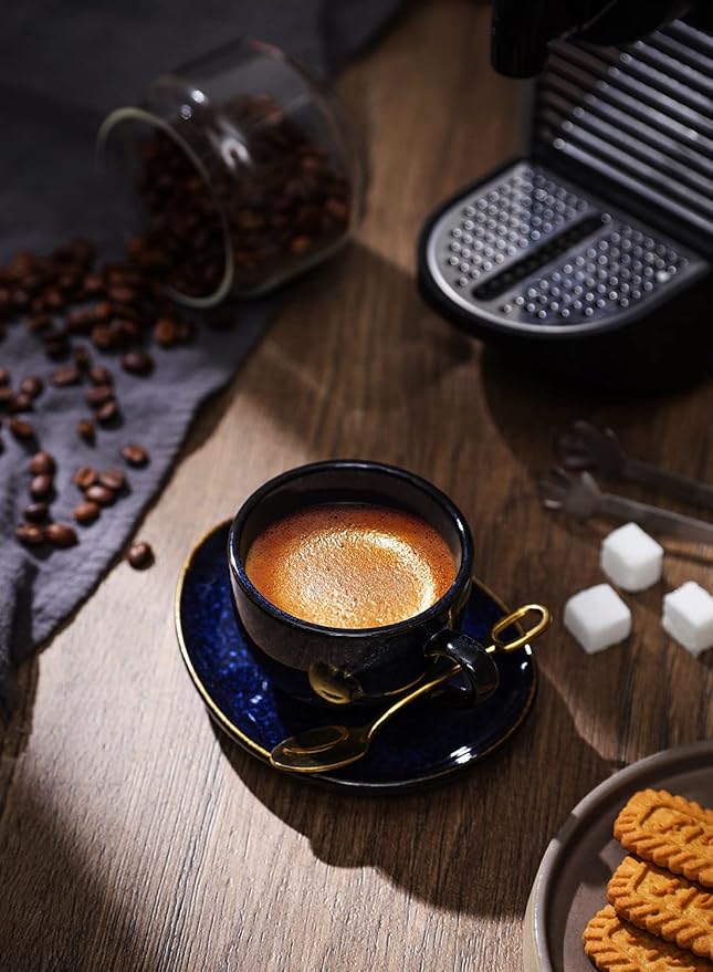 vicrays Ceramic Espresso Coffee Cups Set 4 oz Porcelain Espresso Cups with Saucers Spoons and Metal Stand for Tea Cafe Cappuccino Latte - Set of 6 - Blue