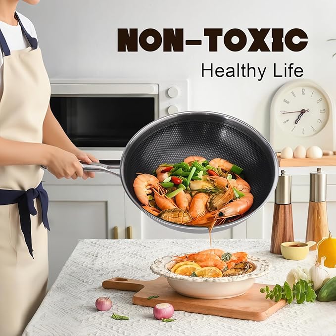 Hybrid Non Stick Wok, 12 inch Frying Pans Nonstick, Stainless Steel woks, PFOA Free Cookware, Dishwasher and Oven Safe, Induction Compatible