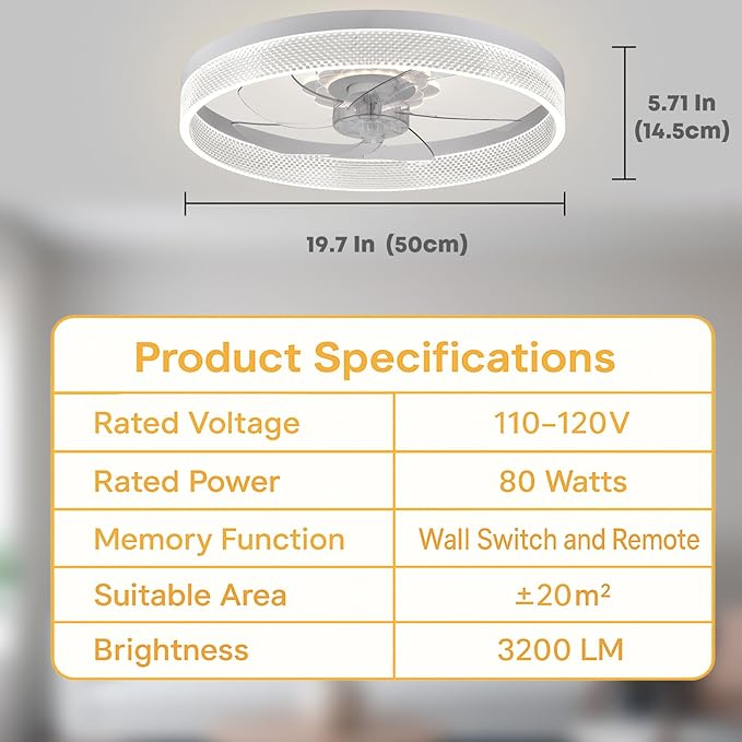 20‘’ Ceiling Fan with Light, Upgraded Low Profile Fan, Flush Mount Ceiling Fan, 6 Speeds, Dimmable LED, App & Remote Control, Quiet DC Motor, for Bedroom, Living Room, F093 White-D