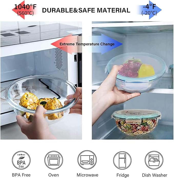 Luvan Glass Mixing Bowl with Lids Set of 5(0.2QT, 0.5QT, 1.1QT, 2.1QT, 3.75 QT), Space-Saving Nesting Bowls Anti-slip Salad Bowls for Storage, Cooking, Microwave,Freezer,Oven and Dishwasher Safe