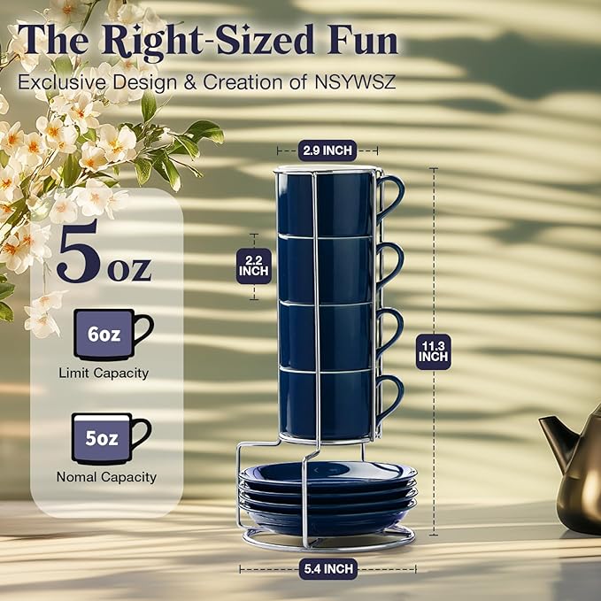 5 Ounce Blue Porcelain Stackable Espresso Cups with Stainless Steel Holder, Set of 4, Durable Ceramic, Perfect for Home, Office or Gift