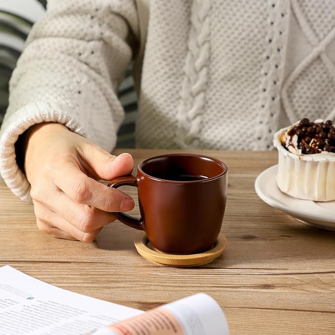 Hasense Stackable Porcelain Mini Espresso Cups and Saucers Set of 6, 4 OZ Ceramic Small Demitasse Espresso Shots Cups with Lids for Nespresso Lungo, Latte, Cafe Mocha and Tea, Brown