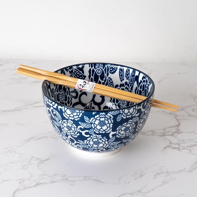 Urban Tokyo Porcelain Japanese Motif Design Ramen Udon Noodle Rice Bowl With Chopsticks 20 fl oz 6 inch Diameter Bowl Sets Color Box Packaging (Botan Peony Flower)