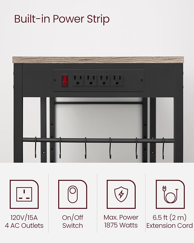 VASAGLE Baker's Rack, Coffee Bar Stand with Charging Station, Storage Shelves, Pull-Out Wire Basket, Table for Microwave, Kitchen, Greige UKKS036K02, 15.7 x 35.4 x 35.6 Inches