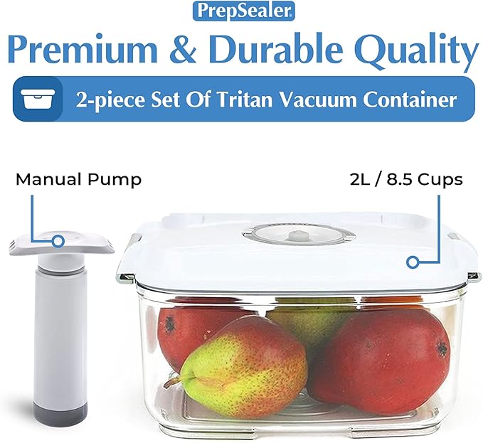 PrepSealer Food Saving Airtight BPA-free Tritan Vacuum Container (2L Rectangle + Pump + Tray) - Marinating, Fruit Keeper