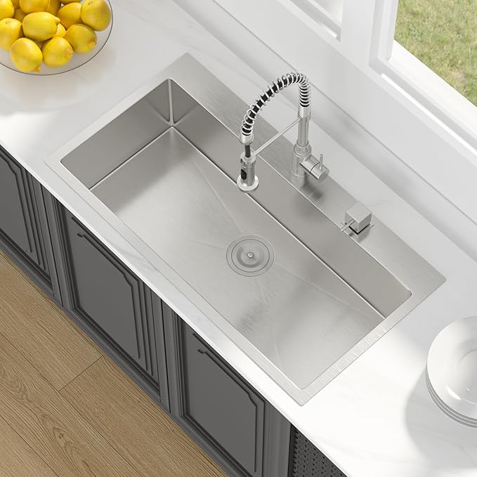 Lordear 36 Drop in Kitchen Sink - 36 x 19 Inch Topmount Kitchen Sink 16 Gauge Stainless Steel Single Bowl Deep Handmade Overmount Kitchen Sink with Drain Strainer