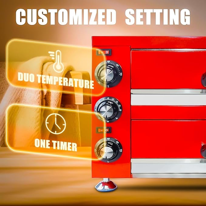 Commercial 12” Electric Pizza Oven,Indoor Pizza Oven, Double Stainless Steel Pizza Maker with Timer for Restaurant, Red, 1100W