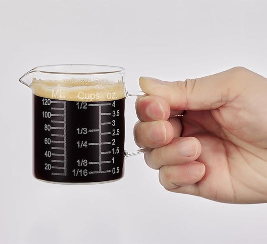 Ackers Etching Scale Measuring Glass -[Insulated handle | V-Shaped Spout]-Made of High Borosilicate Glass Measuring for Kitchen or Restaurant, Easy to Read, 120 ML (4 Oz)